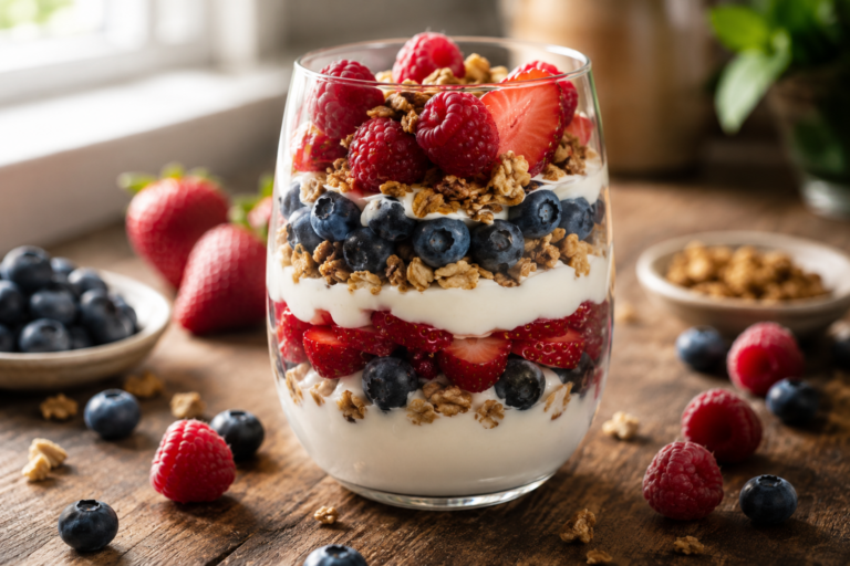 Red, white, and blue Yogurt Parfait made with Greek yogurt, fresh berries, and crunchy granola